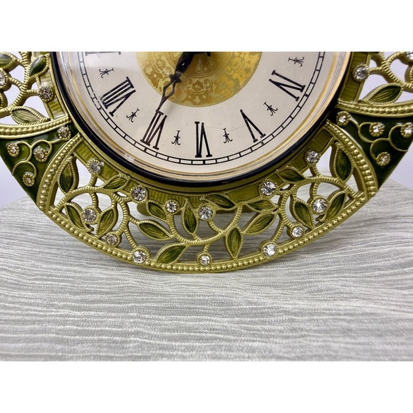 Vintage Enameled Green Tabletop Clock With Gemstones Quartz Works - Picture 4 of 15